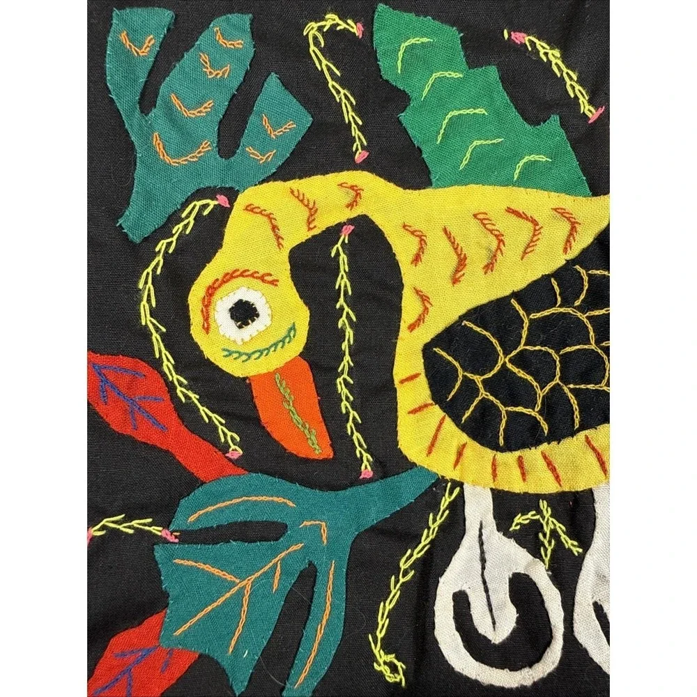 Vintage 1990s Cloth Purse Hand Appliqued Bird Double Pockets Zippered Boho 6.5